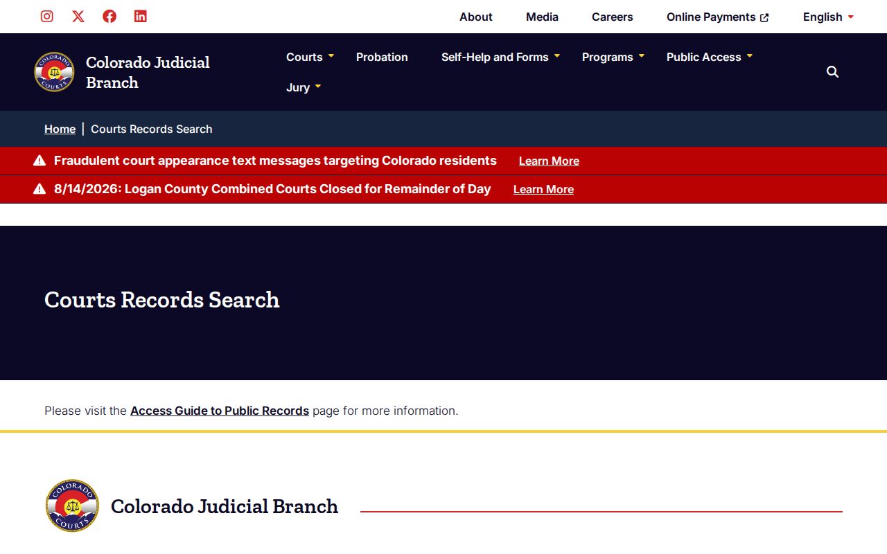 Colorado court records page explaining Cheyenne County case search channels
