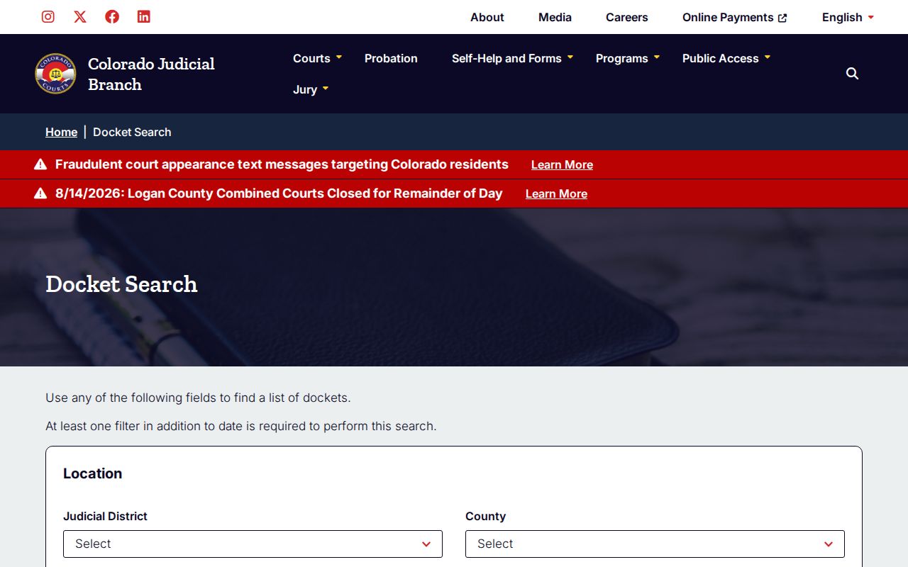 Colorado Judicial statewide form used for a Cheyenne County docket search