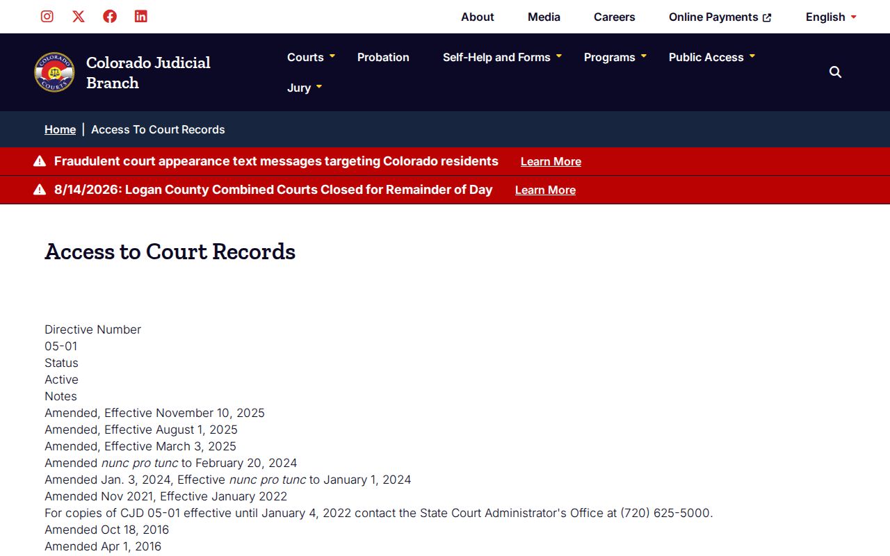 Chief Justice Directive access page for Cheyenne County court case records