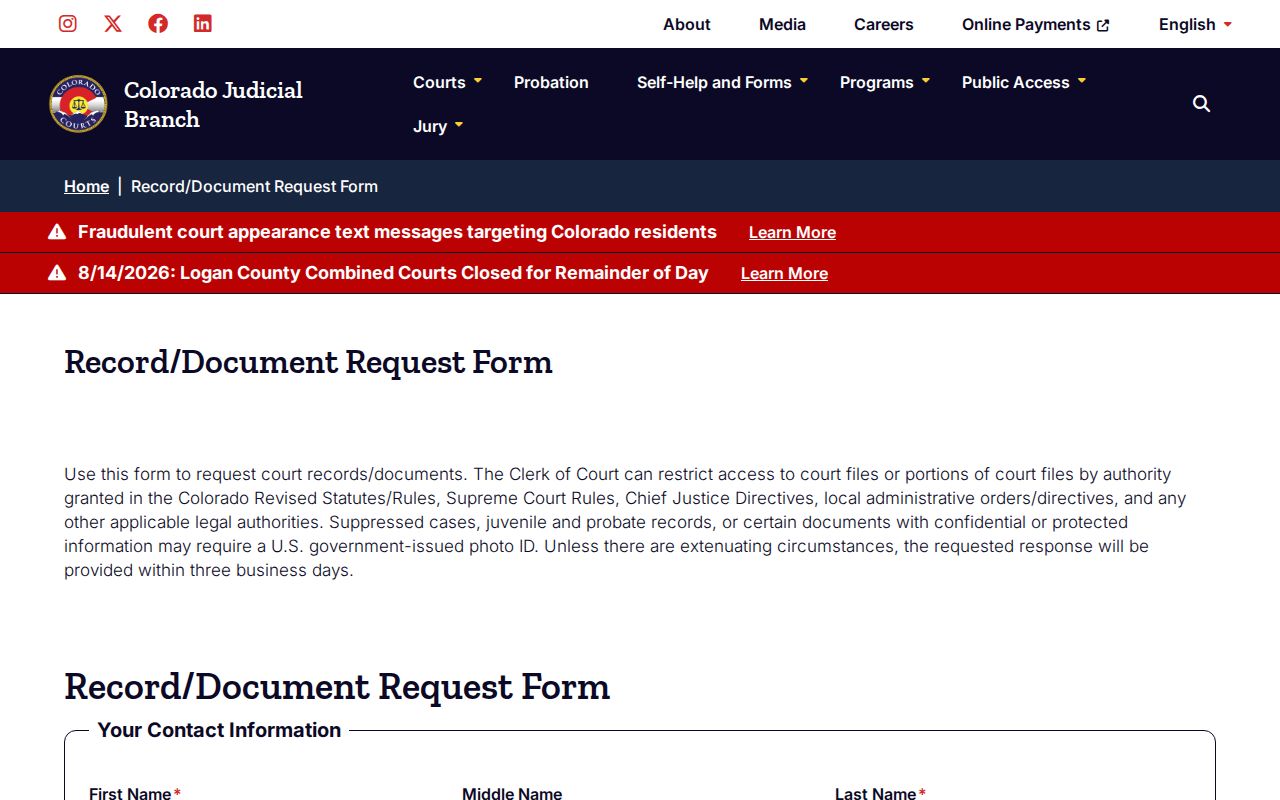 Colorado request form for Cheyenne County court case records