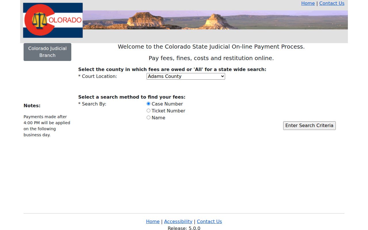 Colorado Judicial payment interface for Cheyenne County traffic court cases